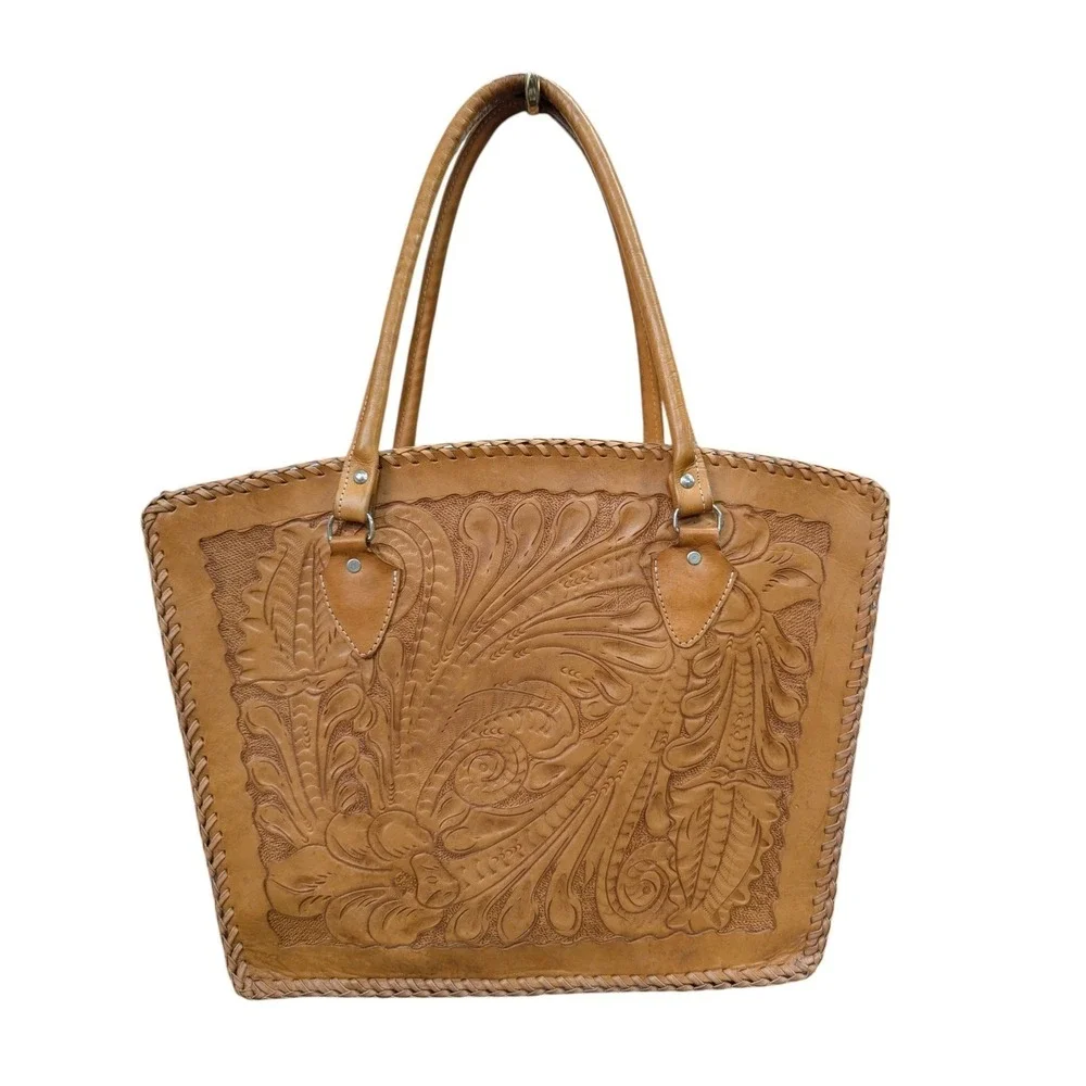 Womens Leather Natural Grain Tote Handbag Embossed Tooled Zip Top 16